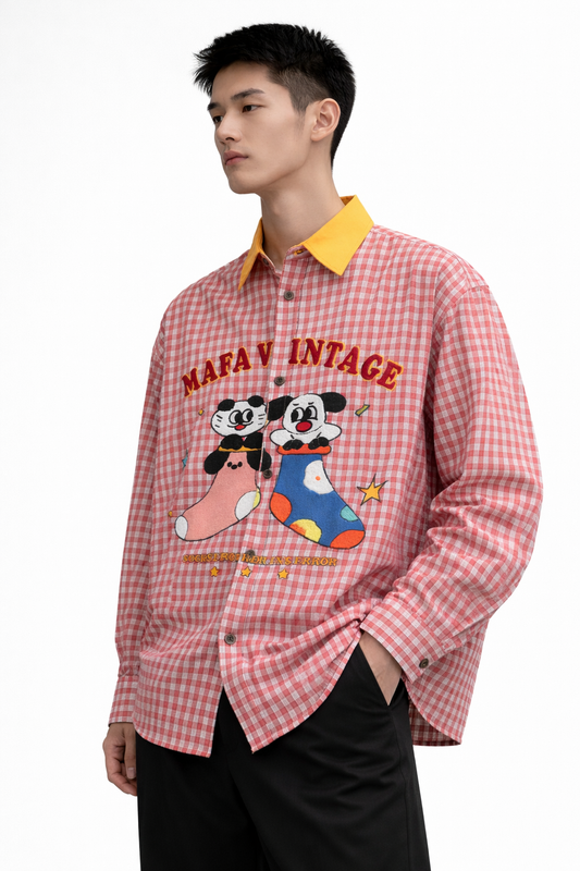 Cartoon Graphic Oversized Shirt – Red Check