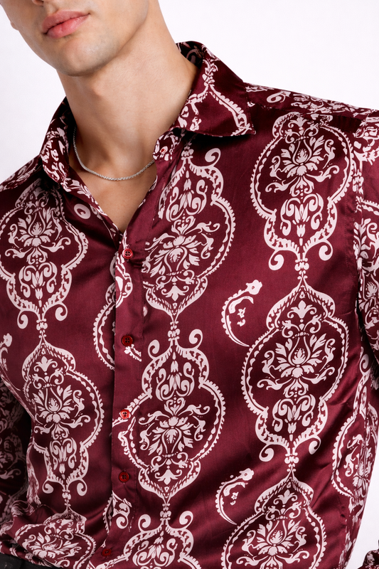 Burgundy Paisley Print Satin Shirt