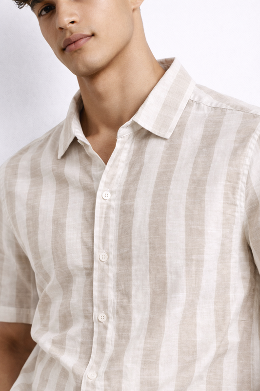 Beige Textured Stripe Short Sleeve Shirt