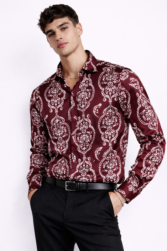 Burgundy Paisley Print Satin Shirt