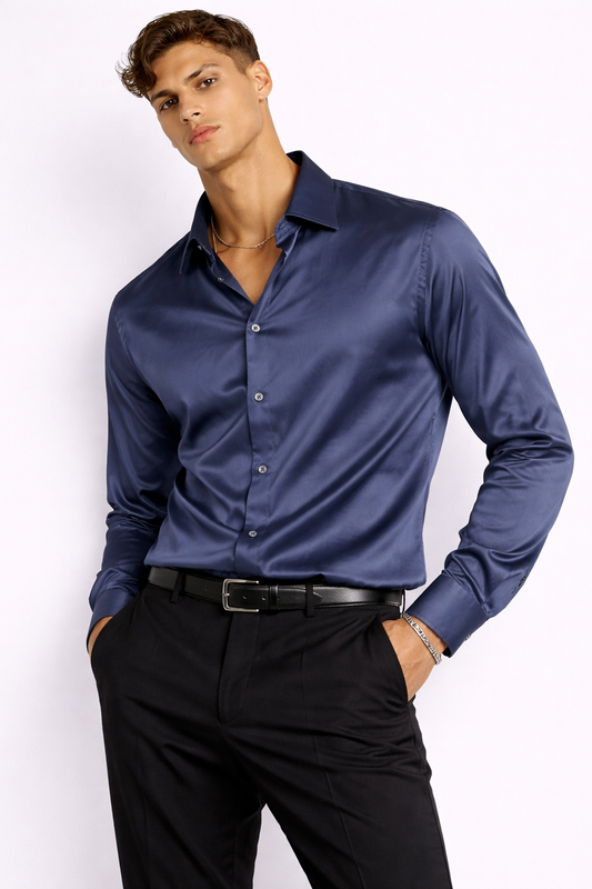 Navy Satin Party Shirt