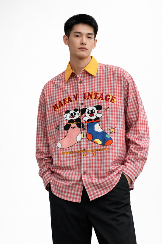Cartoon Graphic Oversized Shirt – Red Check