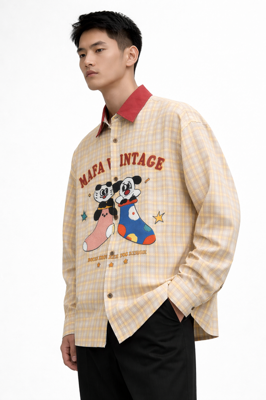 Cartoon Graphic Oversized Shirt – Yellow Check