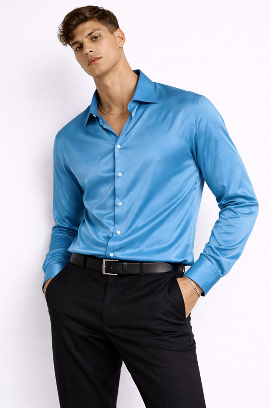 Ocean Blue Satin Party Shirt