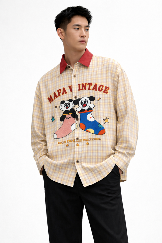 Cartoon Graphic Oversized Shirt – Yellow Check