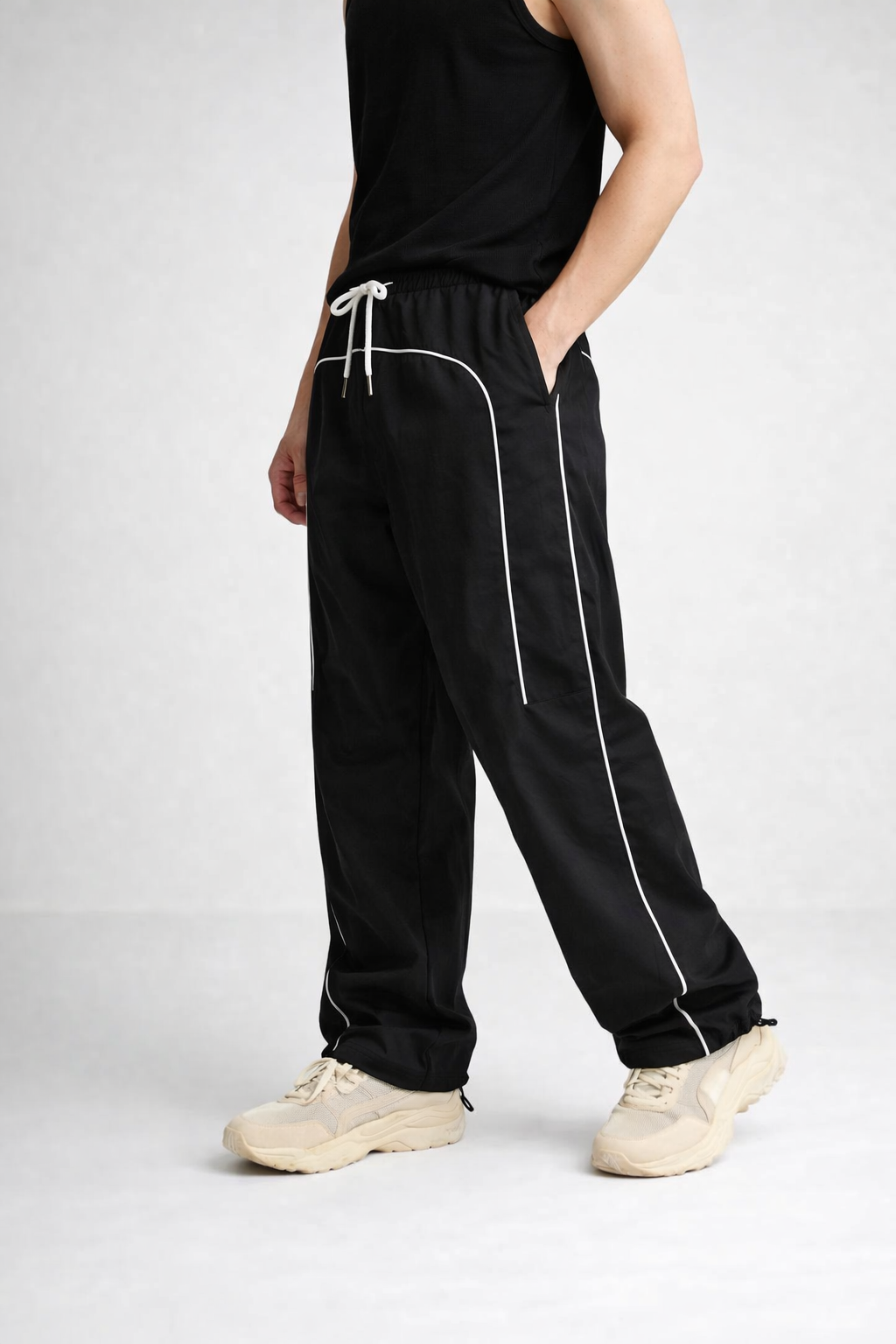 Piped Wide-Leg Track Pants – Black