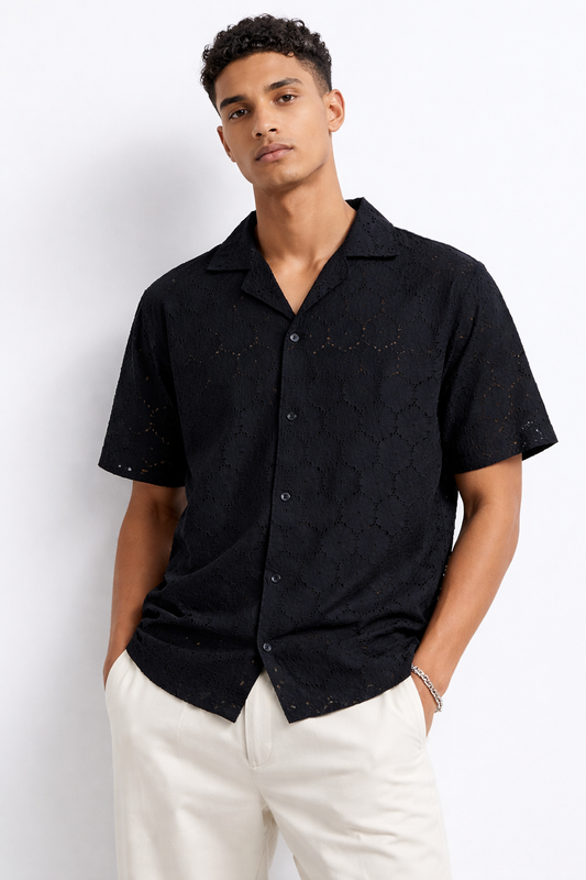 Men’s Black Knit Eyelet Short Sleeve Shirt